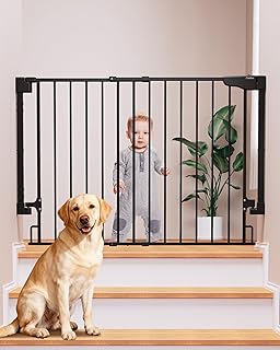 Cumbor 29.2–43" Baby Gate for Stairs, Wall-Mounted (Drill Required), Expandable No Bottom Bar Dog Gate, Auto Close Extra Wide Walk Thru, Pet & Toddler Proof Gate, Top & Bottom of Stairways(Black)