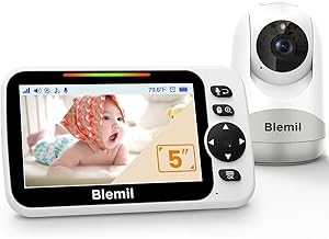 Blemil Baby Monitor with 30-Hour Battery, 5" Large Split-Screen Video Baby Monitor with Camera and Audio, 3500mAh Battery, Remote Pan/Tilt/Zoom Camera, Two-Way Talk, Night Vision, Lullabies, No WiFi