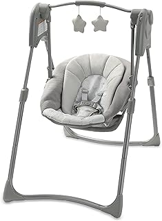 Graco Slim Spaces Compact Baby Swing, Space Saving Portable Bay Swing with Height Adjustable Legs & Soft Toys, Reign
