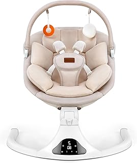 Baby Swing, Electric Infant Swing with Remote Control, 5 Speed Adjustable, Machine Washable Cushion, 5 Point Safety Harness, Bluetooth Music, Portable Baby Swing (Beige)