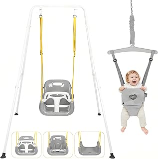 4-in-1 Toddler Swing Set & Baby Jumper and Bouncer for Toddlers, Foldable Baby Swing Stand for Outdoor Indoor Play, Easy to Assemble and Store for Ages 6 Months to 10 Years Old (White)