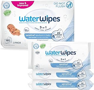 WaterWipes Sensitive+ Newborn & Baby Wipes, 3-In-1 Cleans, Cares, Protects, 99.9% Water, Unscented & Hypoallergenic, 180 Count (3 Packs)
