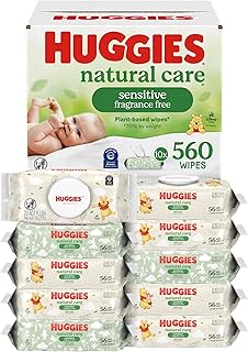 Huggies Natural Care Sensitive Baby Wipes, Unscented, Hypoallergenic, 99% Purified Water, 10 Flip-Top Packs (560 Wipes Total)