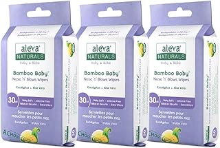 Aleva Naturals Bamboo Baby Nose 'n' Blows Wipes for Cleaning Stuffy Noses with Saline, Natural and Organic Formula, Extra Strong and Ultra-Soft, Biodegradable - Value Pack 30ct X 3= 90 Wipes