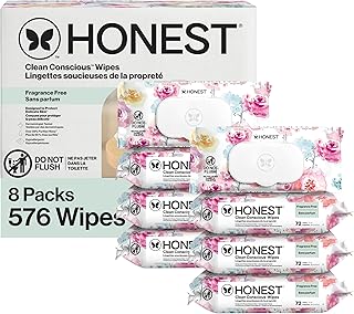 The Honest Company Baby Wipes for Sensitive Skin, Hypoallergenic, Fragrance-Free, Multi-Use, Rose Blossom Design, 576 Count (6 Packs of 96)