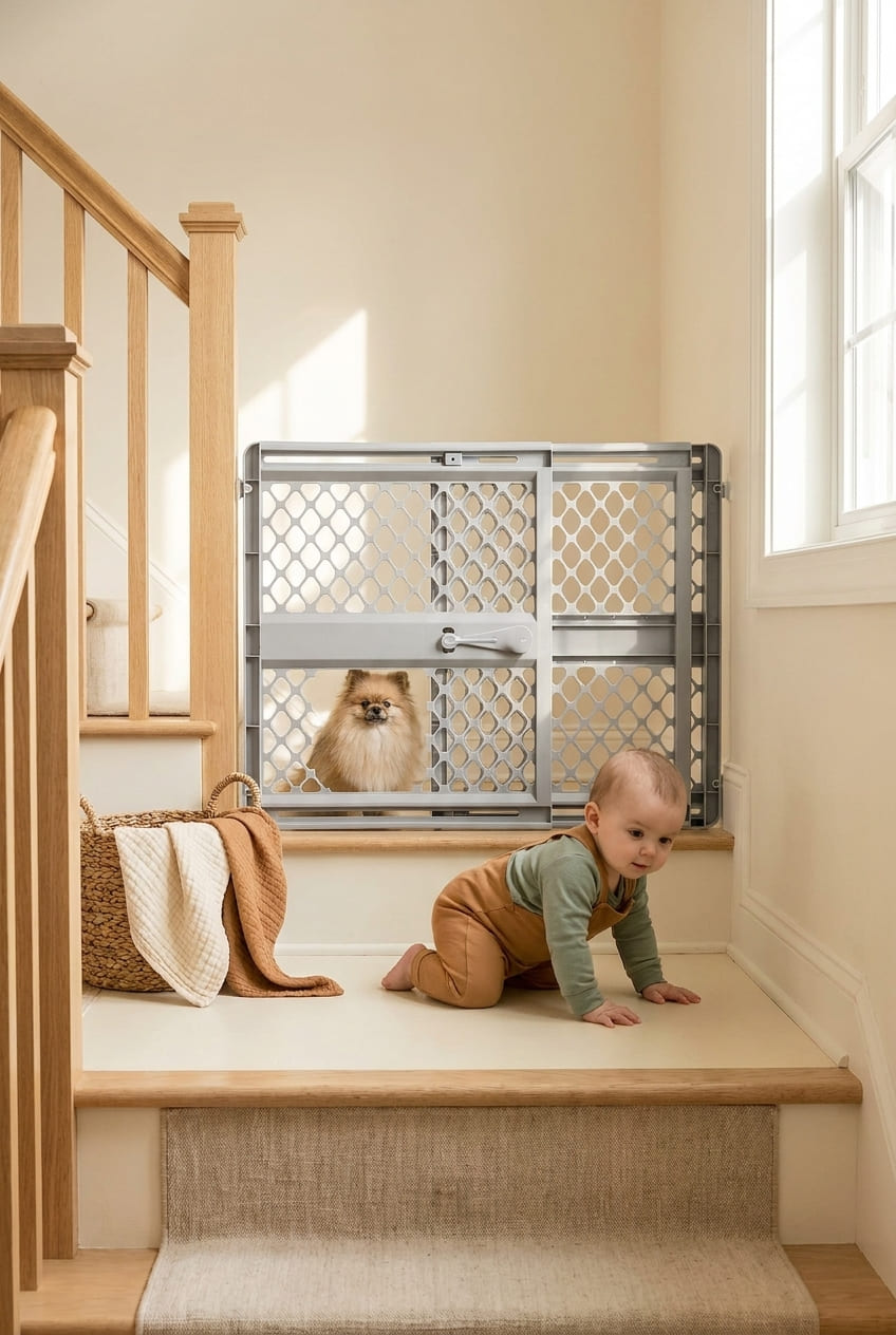 MYPET Universal Pet Gate: 26” - 42” Wide Dog Gate for Doorways with Pressure Fit or Swinging Door Hardware Mounting Types Included: 26" Tall; Gray