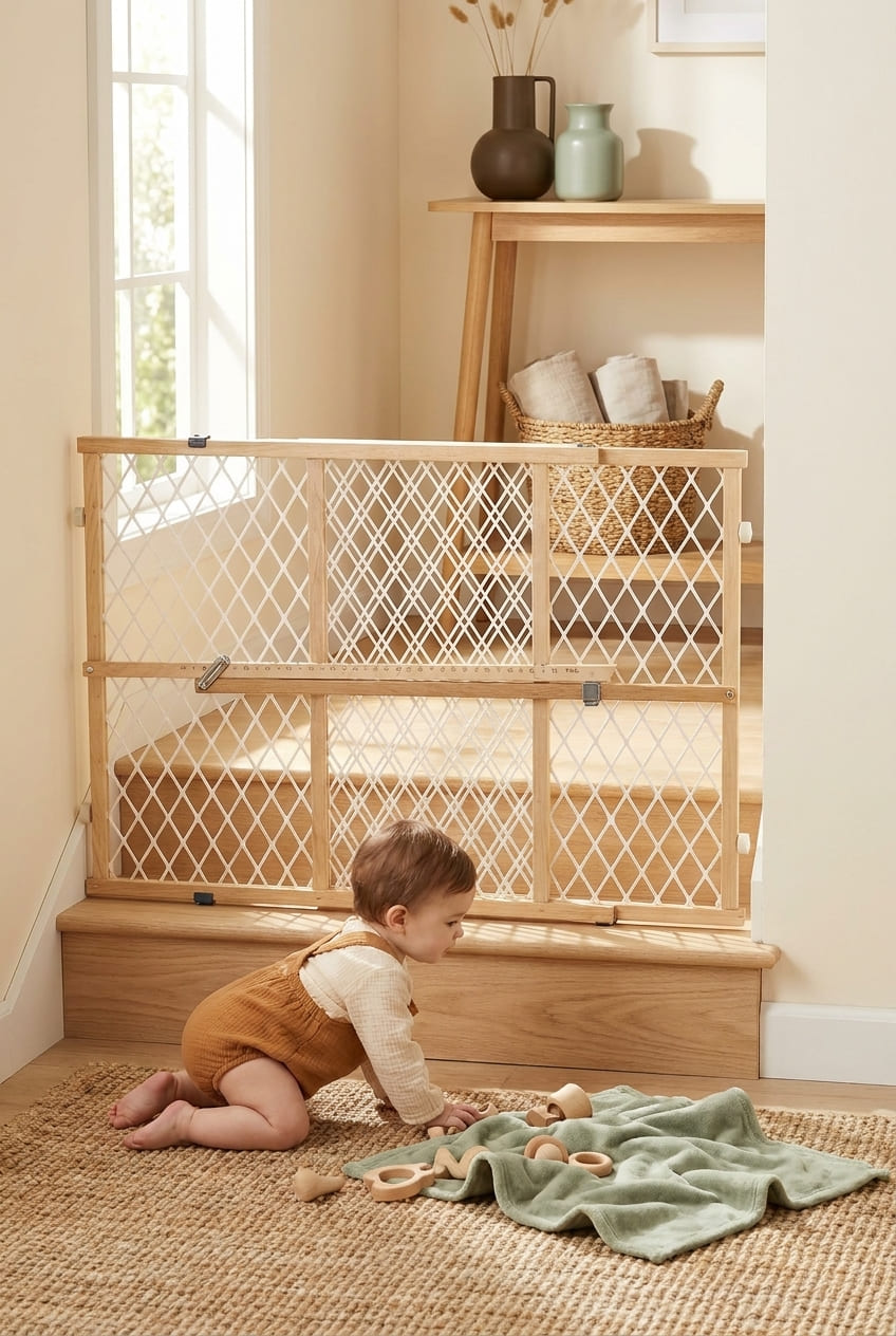Toddleroo by North States - Diamond Mesh Wooden Baby Gate: Pressure Mounted Baby Gate for Doorways - Adjustable 26.5 to 42 Inches Wide - 23 Inches Tall