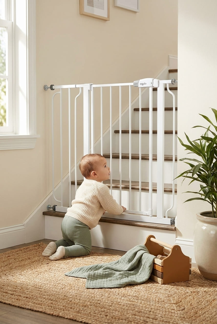 Regalo Safety 29-38.5" Baby Gate for Doorways & Bottom of Stairs, Pressure Mounted Baby Gate with Door for Babies, Toddlers & Pets, Tested & Safe for 30 Years, American Designed, American Owned, White