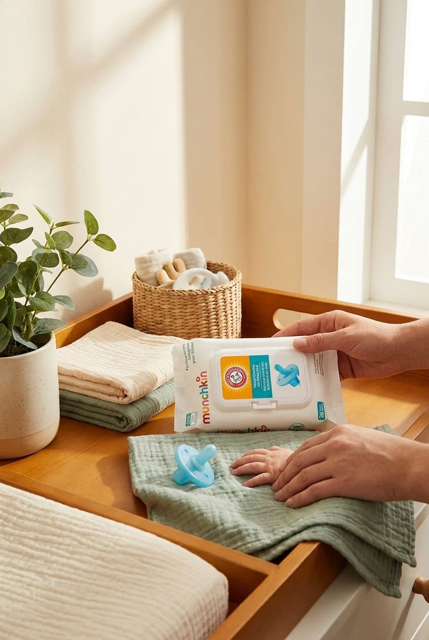 Munchkin Arm & Hammer Pacifier Wipes - Safely Cleans Breast Pump Parts and Feeding Essentials for Baby and Toddler, 1 Pack, 36 Wipes
