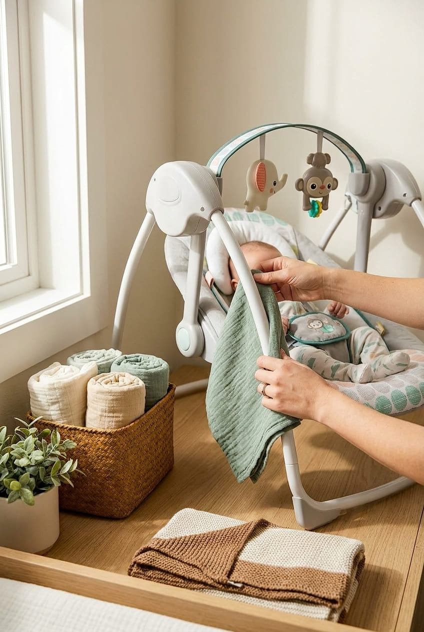 Bright Starts Portable Automatic 6-Speed Baby Swing with Adaptable Speed, Taggies, Music, Removable-Toy-Bar, 0-9 Months 6-20 lbs (Whimsical Wild)