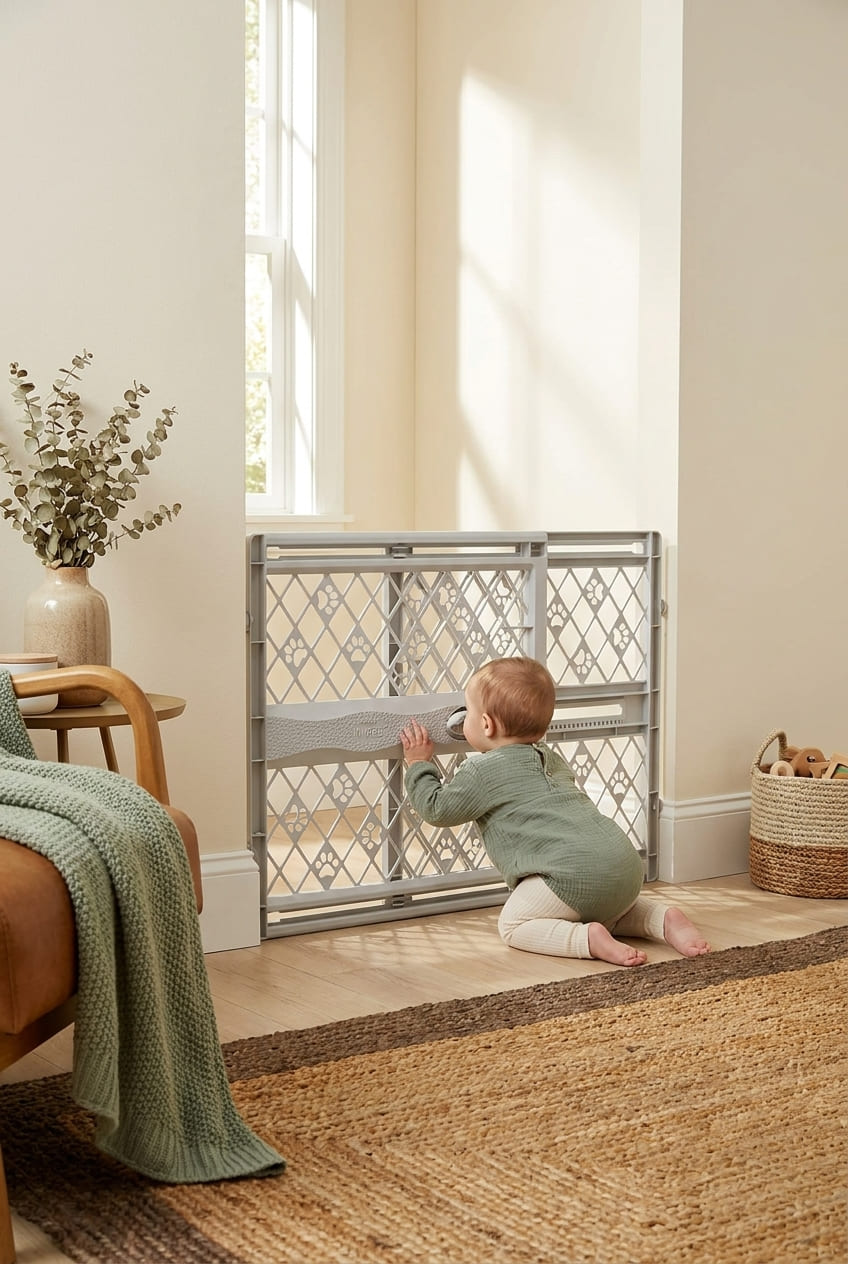MYPET North States Paws Portable Pet Gate: 26-40" Wide. Pressure Mount. No Tools Needed. Made in USA. Dog Gate 23" Tall, Expandable, Durable Dog Gates for Doorways, Light Gray