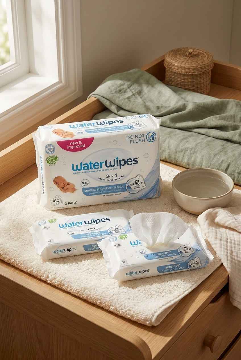 WaterWipes Sensitive+ Newborn & Baby Wipes, 3-In-1 Cleans, Cares, Protects, 99.9% Water, Unscented & Hypoallergenic, 180 Count (3 Packs)