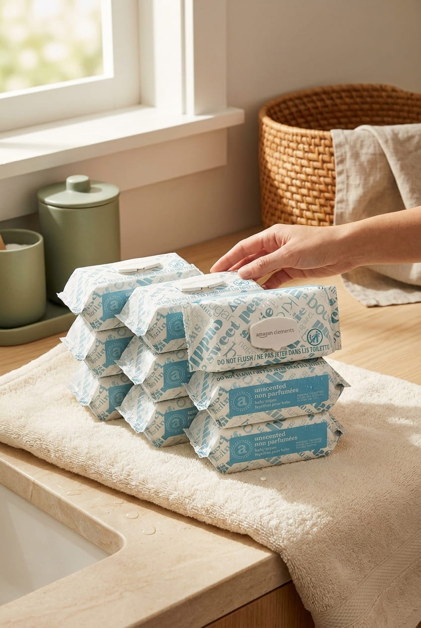 Amazon Elements Baby Wipes, Unscented, Alcohol-Free, With Aloe and Vitamin E, 810 Count, Flip-Top Packs