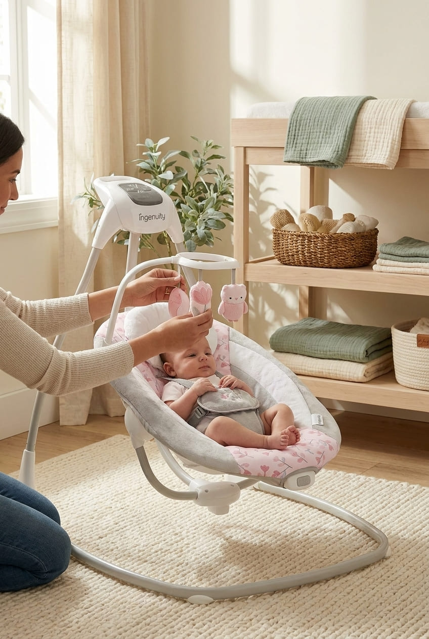 Ingenuity SimpleComfort Lightweight Compact 6-Speed Multi-Direction Baby Swing, Vibrations & Nature Sounds, 0-9 Months 6-20 lbs (Pink Cassidy)