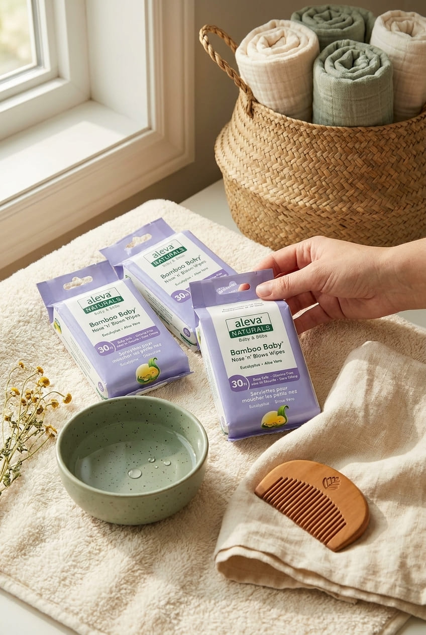 Aleva Naturals Bamboo Baby Nose 'n' Blows Wipes for Cleaning Stuffy Noses with Saline, Natural and Organic Formula, Extra Strong and Ultra-Soft, Biodegradable - Value Pack 30ct X 3= 90 Wipes