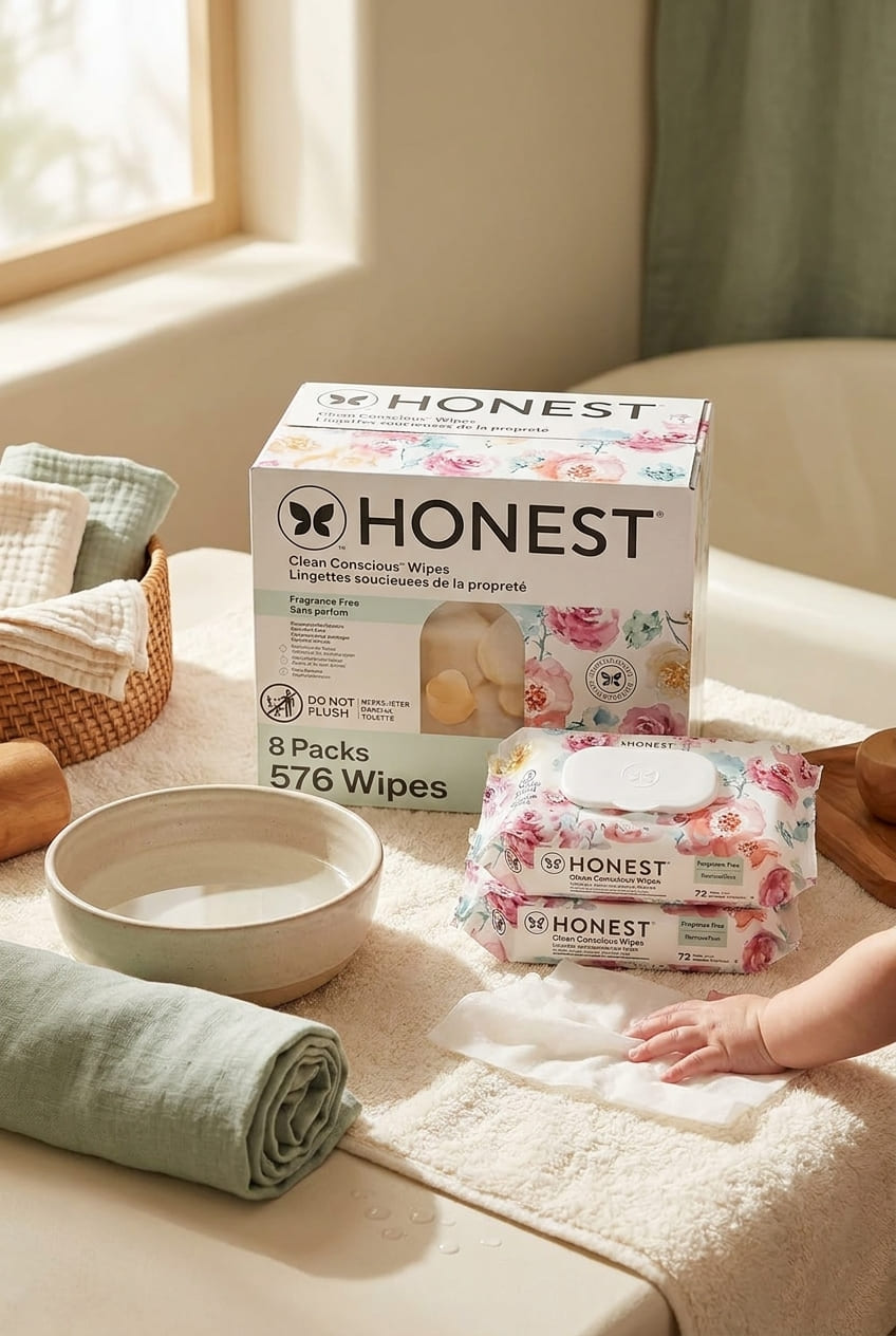 The Honest Company Baby Wipes for Sensitive Skin, Hypoallergenic, Fragrance-Free, Multi-Use, Rose Blossom Design, 576 Count (6 Packs of 96)
