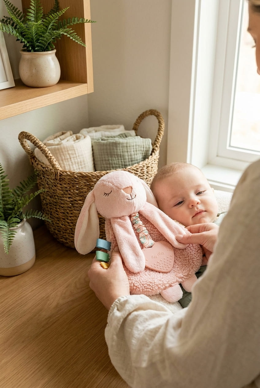 Itzy Ritzy - Itzy Lovey Including Teether - Baby Lovey with Teether, Textured Ribbons & Dangle Arms - Features Crinkle Sound, Sherpa Fabric and Minky Plush (Pink Bunny)