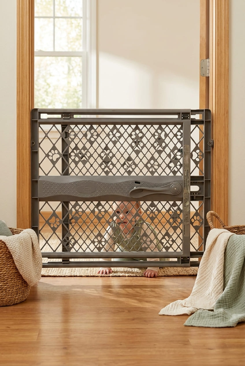 MYPET North States Paws Portable Pet Gate: 26-40" Wide. Pressure Mount. No Tools Needed. Made in USA, 23" Tall, Expandable, Durable Dog Gates for Doorways, Fieldstone Gray