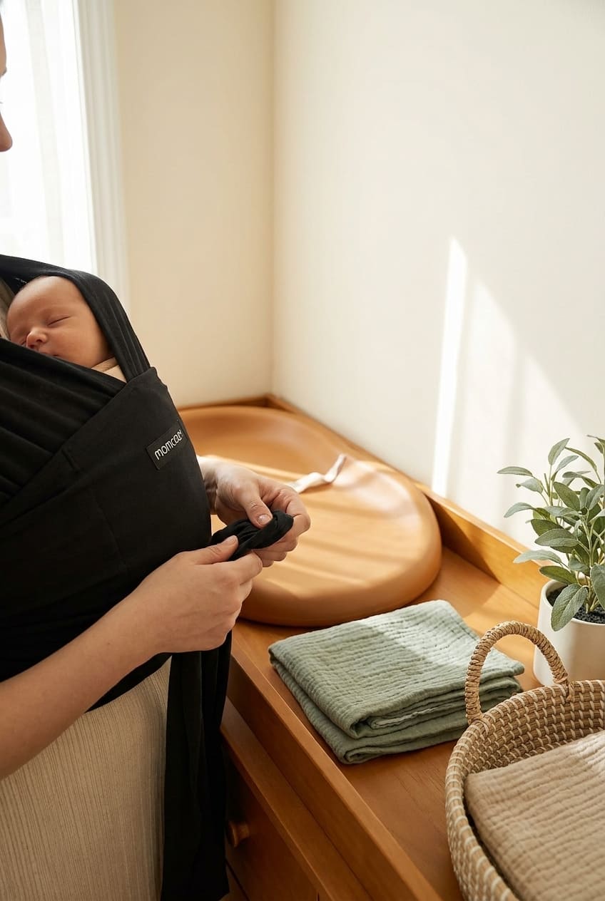 Momcozy Baby Wrap Carrier, Easy to Wear Infant Carrier Slings, Lightweight Hands Free Baby Sling, Adjustable Baby Carriers for Newborn to Toddler 8-35 lbs, Black