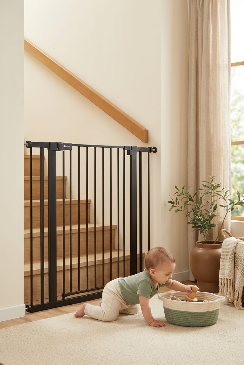 COMOMY 36" Extra Tall Baby Gate for Stairs and Doorways - Fits 29.5" to 48.8" Wide Openings, Auto Close Extra Wide Dog Gate for House, Pressure Mounted Easy Walk Through Pet With Door, Black