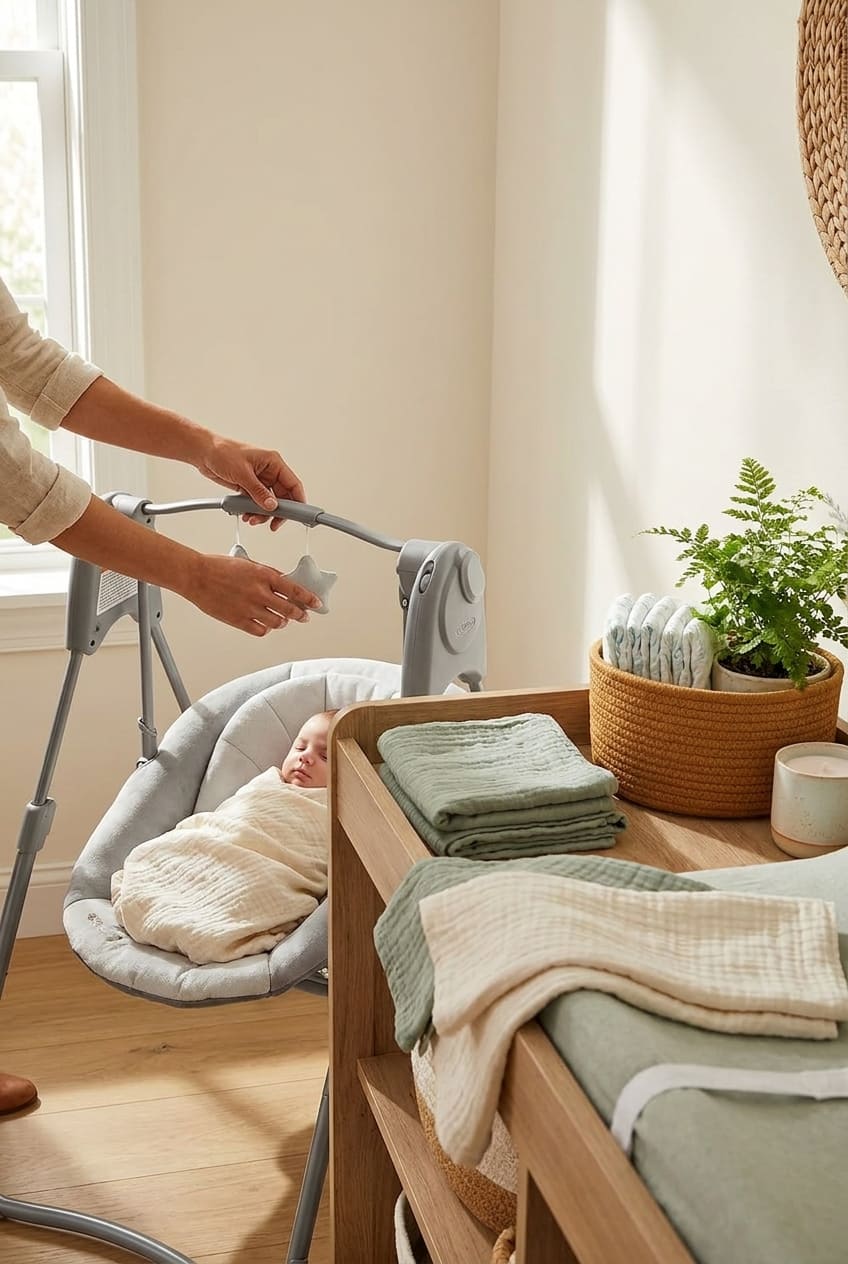 Graco Slim Spaces Compact Baby Swing, Space Saving Portable Bay Swing with Height Adjustable Legs & Soft Toys, Reign