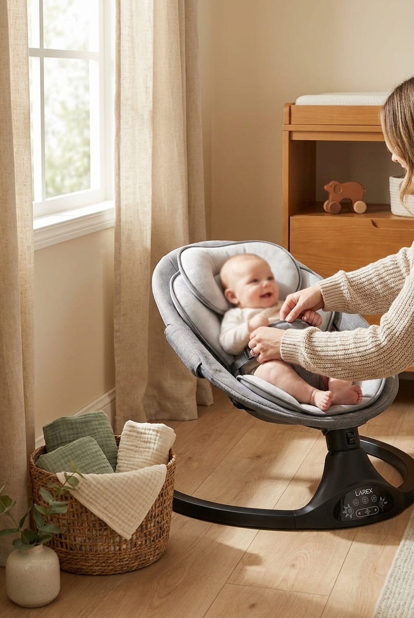 LAREX Baby Swing Infant Swing Electric Toddler Baby Rocker Portable for Newborn Boy Girl, 5 Sway Speeds with Remote Control, 10 Preset Melodies and Bluetooth, 0-6 Months Max 20 Lbs (Black)