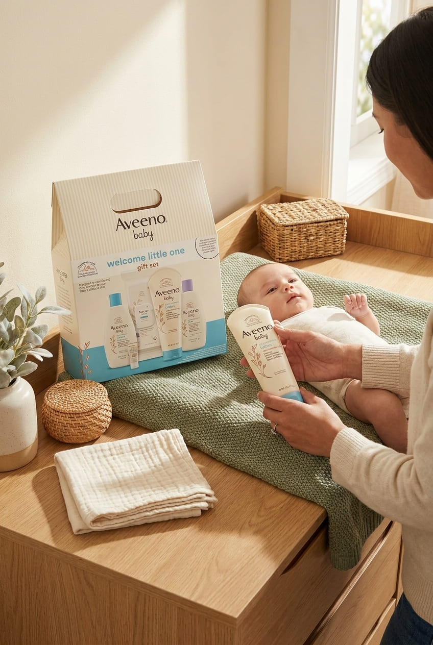 Aveeno Baby Welcome Little One Gift Set, Skincare Set with Nourishing Body Wash & Shampoo, Calming Bath Wash, All Over Wipes, Daily Moisturizing Lotion, & Balm, 5 Items