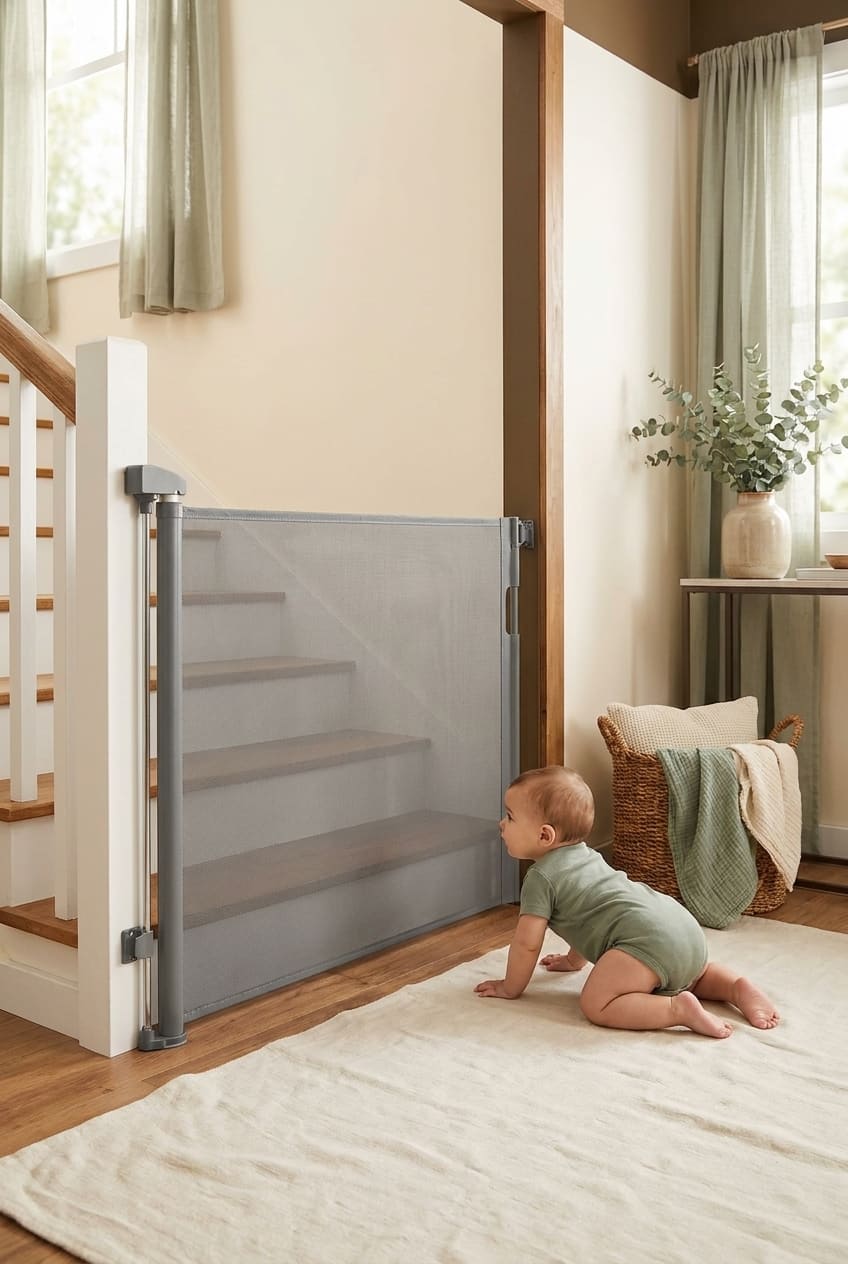 Retractable Baby Gate for Stairs – 33” Height, Expands up to 55” Width – Safety Gate for Infants, Toddlers, Dogs & Pets – Easy Install, Secure Closure, Gray Mesh Design for Indoor & Outdoor Use