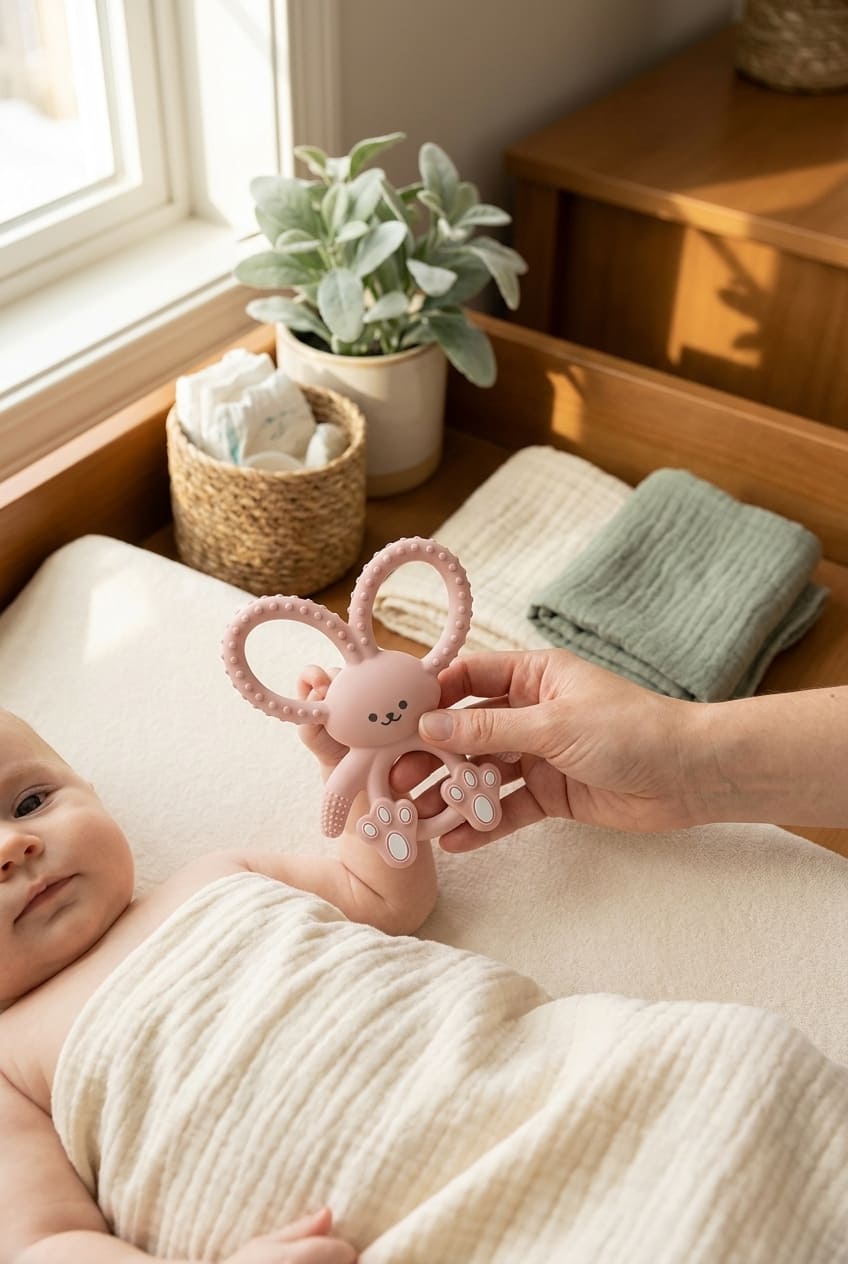Dr. Brown's Flexees Teether, Pink Bunny, Soft 100% Silicone Baby Teether, BPA Free, 3m+, 1 Pack