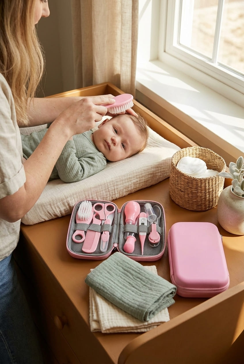 Baby Grooming Kit, Infant Safety Care Set with Hair Brush Comb Nail Clipper Nasal Aspirator,Baby Essentials Kit for Newborn Girls Boys (Pink Baby Grooming kit)