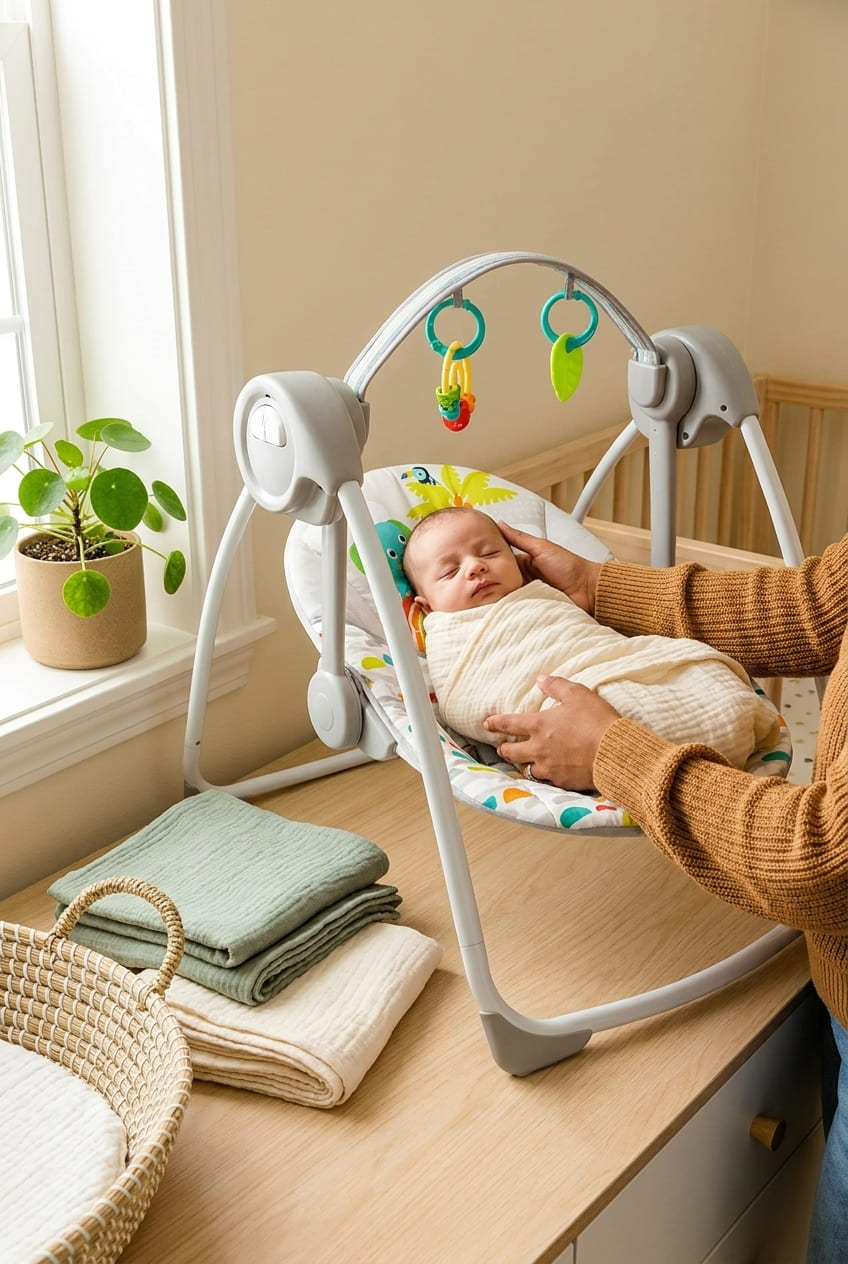 Bright Starts Playful Paradise Portable Compact Automatic Baby Swing with Music, Unisex, Newborn +