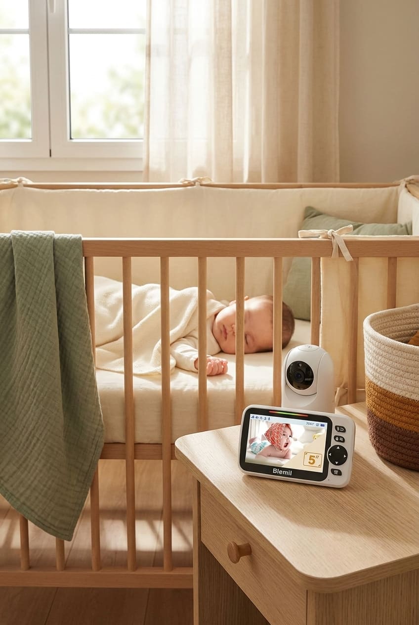 Blemil Baby Monitor with 30-Hour Battery, 5" Large Split-Screen Video Baby Monitor with Camera and Audio, 3500mAh Battery, Remote Pan/Tilt/Zoom Camera, Two-Way Talk, Night Vision, Lullabies, No WiFi