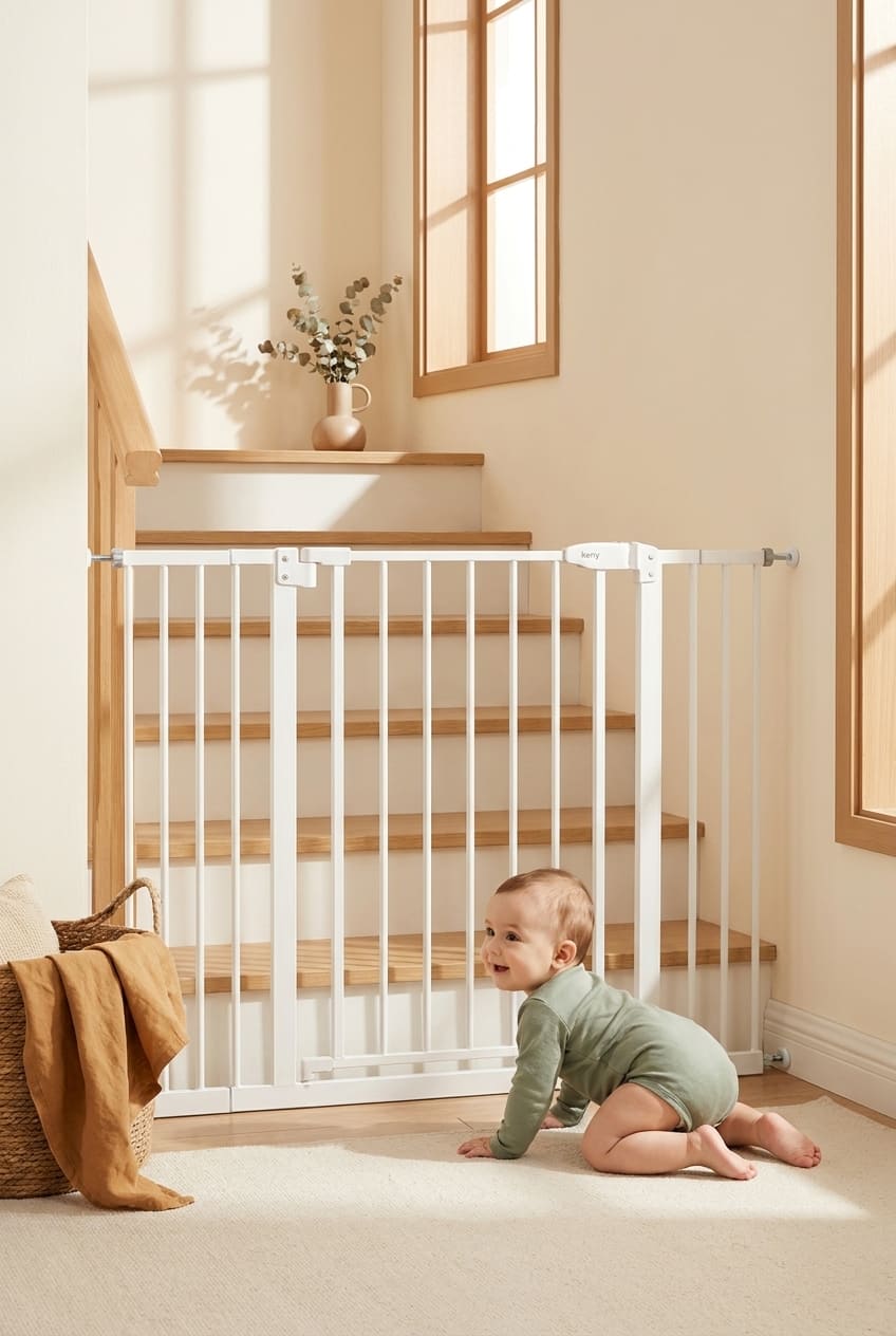 keny 29"-42.5" Baby Gate for Stairs, Auto Close Safety Dog Gate, Pressure Mounted Easy Walk Through Pet Gate for Doorways, Durable Stair Gate, 30" Tall, White