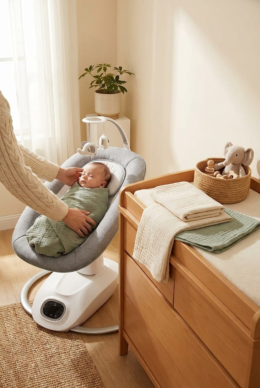 Momcozy CocoSway Electric Baby Swing for Infant, 180° Rotating Seat, 6 Parent-Like Sway Motions & 4 Speeds, Quiet Soothing, Remote Control, Machine-Washable Cover, Grey
