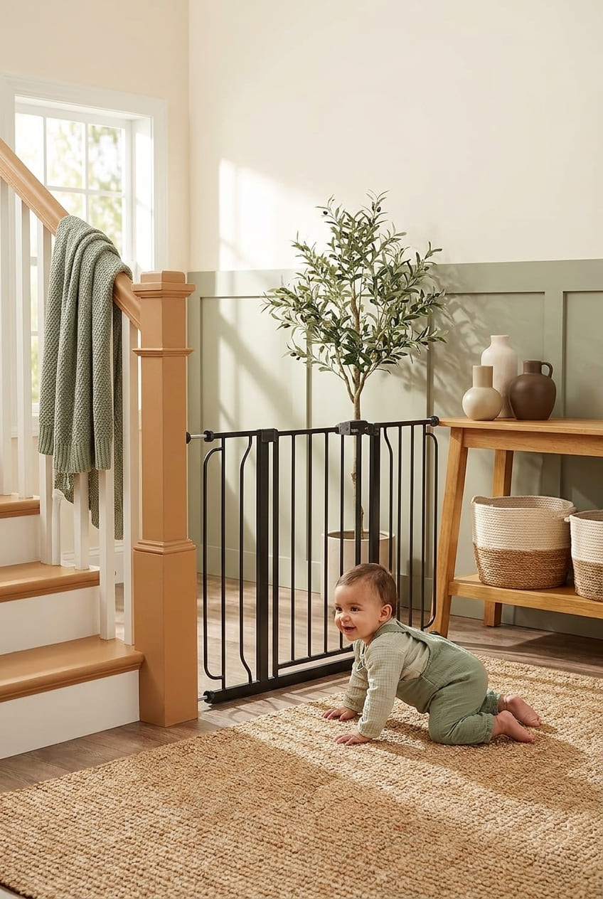 Regalo Safety 29-38.5" Baby Gate for Doorways & Bottom of Stairs, Pressure Mounted Baby Gate with Door for Babies, Toddlers & Pets, Tested & Safe for 30 Years, American Designed, American Owned, Black