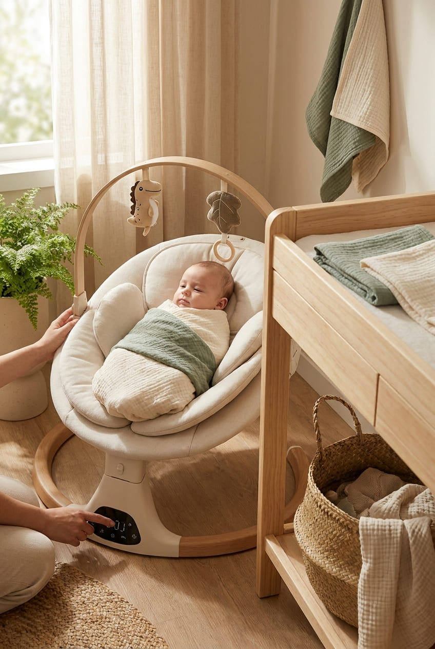 Baby Swings for Infants, Monamii Baby Swing, Infant Swing with 5 Speeds, 10 Lullabies, Electric Swing for Baby, Indoor & Outdoor Use (Beige)