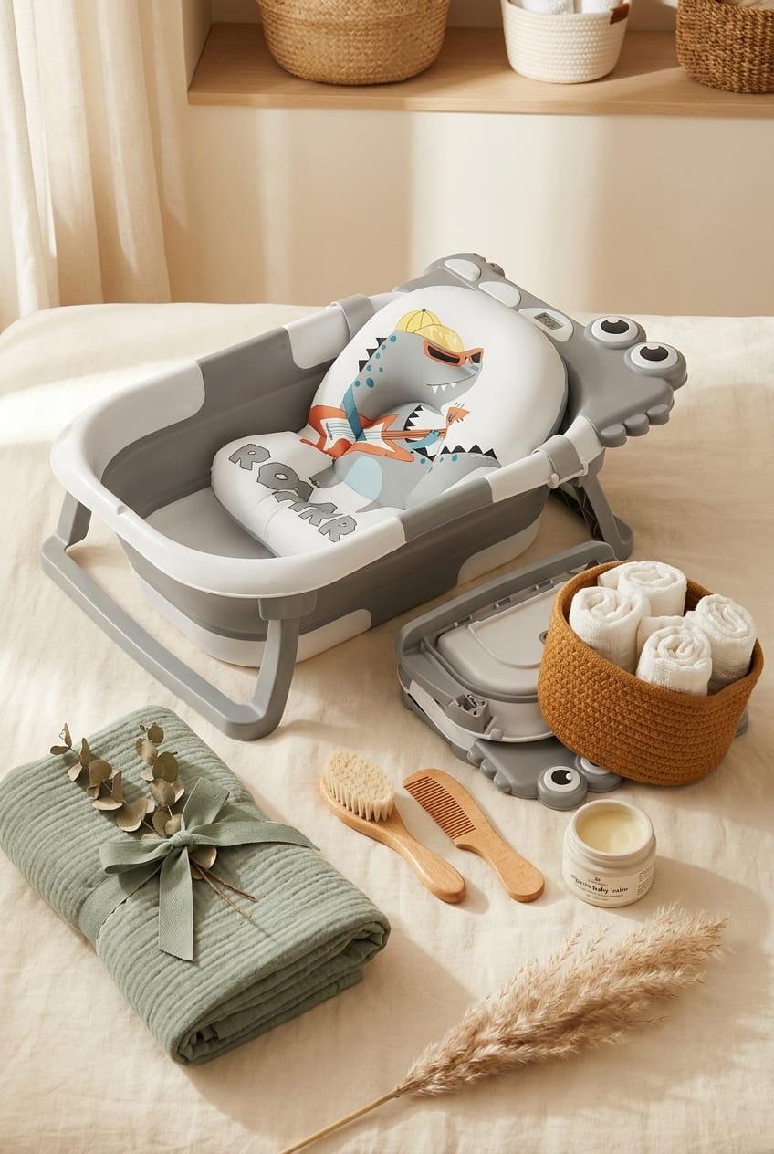 Collapsible Baby Bathtub for Newborn, Foldable Baby Bath Tub with Thermometer & Soft Floating Cushion & Drain Hole, Portable Travel Infant Bath Tubs for Newborns to Toddlers 0-36 Months Boys, Grey