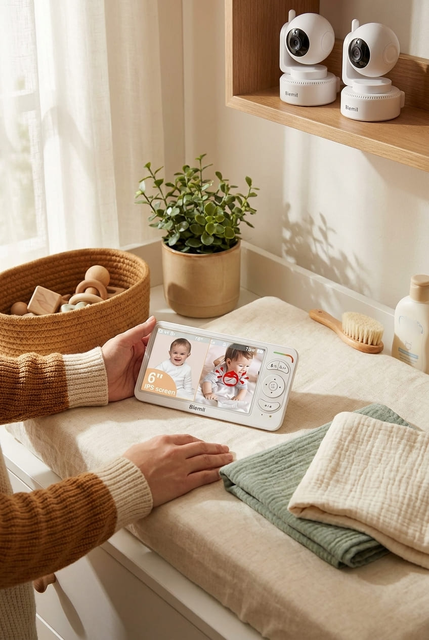 Blemil 6" Baby Monitor with 2 Cameras 4000mAh Battery Upgrade Split Screen Video Baby Monitor No WiFi Remote Pan-Tilt-Zoom Auto-Night Vision 150 Languages ECO Mode 2-Way Talk 1000FT (Ideal Condition)