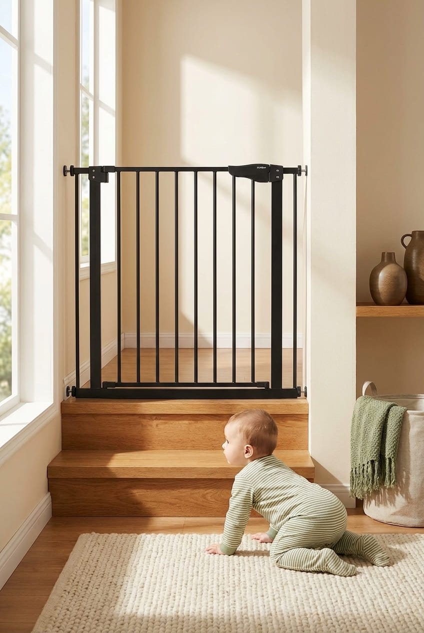 Cumbor 29.2–43" Baby Gate for Stairs, Wall-Mounted (Drill Required), Expandable No Bottom Bar Dog Gate, Auto Close Extra Wide Walk Thru, Pet & Toddler Proof Gate, Top & Bottom of Stairways(Black)