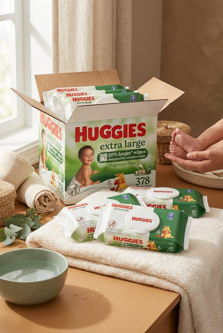 Huggies Extra Large Baby Wipes, Unscented, 9 Flip-Top Packs, 378 XL Wipes Total, Packaging May Vary