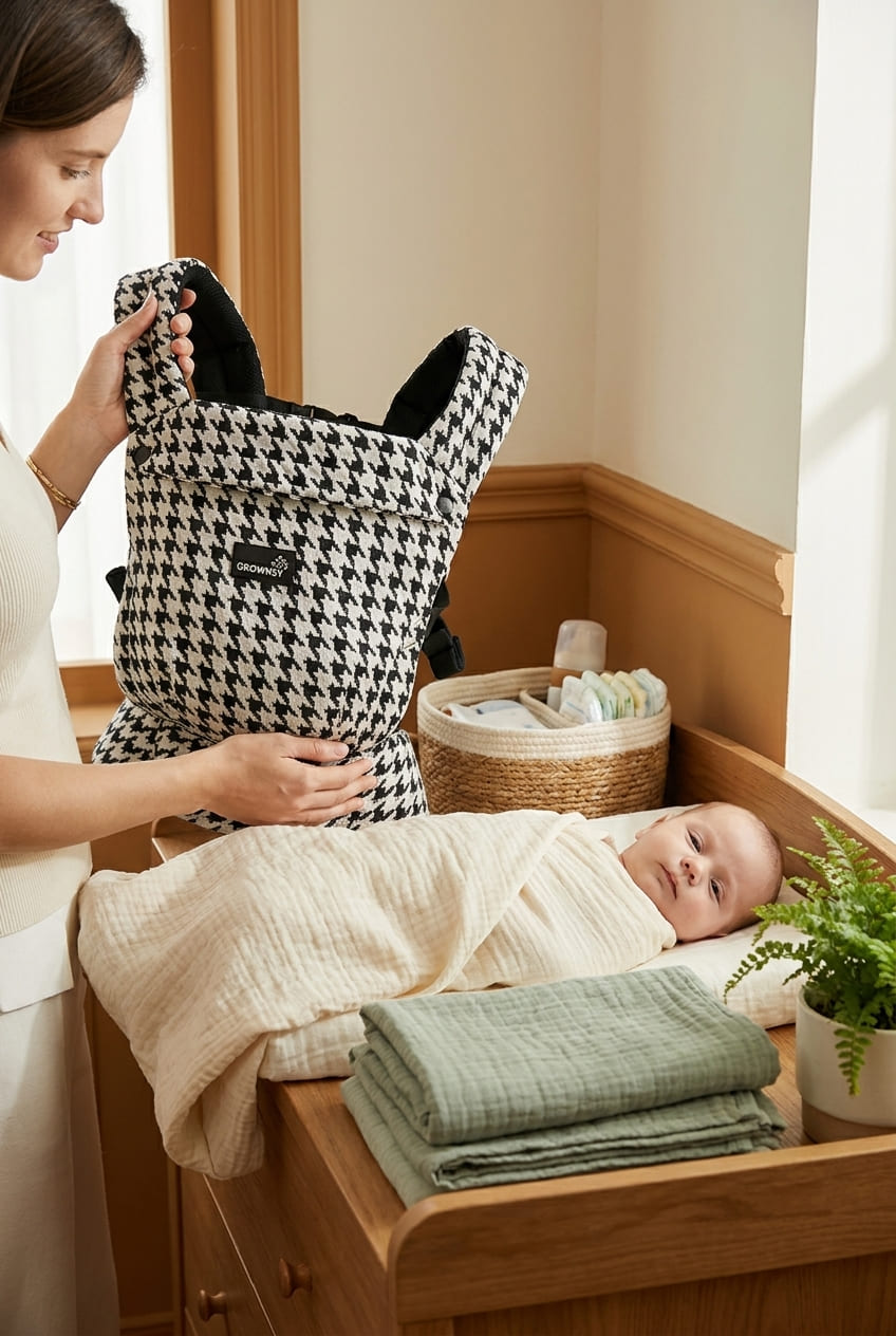 GROWNSY Baby Carrier Newborn to Toddler, Lightweight Ergonomic 7-44 lbs Newborn Carrier with Head Support, Easy to Wear Hands Free Infant Carrier for 0-36 Months, Houndstooth