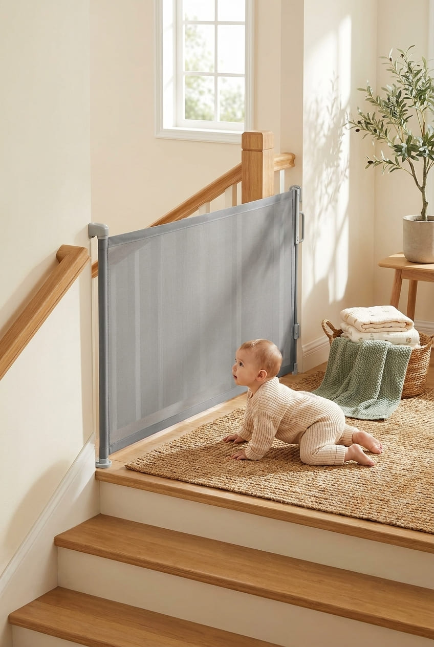 Retractable Baby Gate for Stairs, 55" Wide Mesh Dog Gate Indoor, 34" Tall Child Gate for Doorways, Hallways, Deck, Indoor Outdoor Pet Baby Safety Essentials for Home, Grey