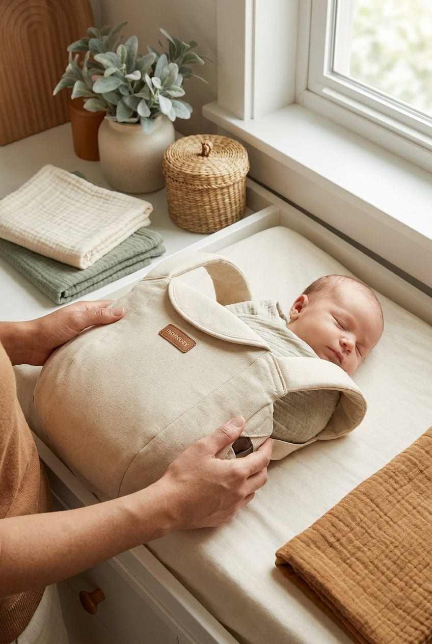 Momcozy Newborn Carrier WeeSnug- Lightweight and Cozy Comfort for 7-25 lbs, Ergonomic Cross-Back Support, Effortless to Put On, Hands-Free Baby Carrier with Lumbar Support, Khaki