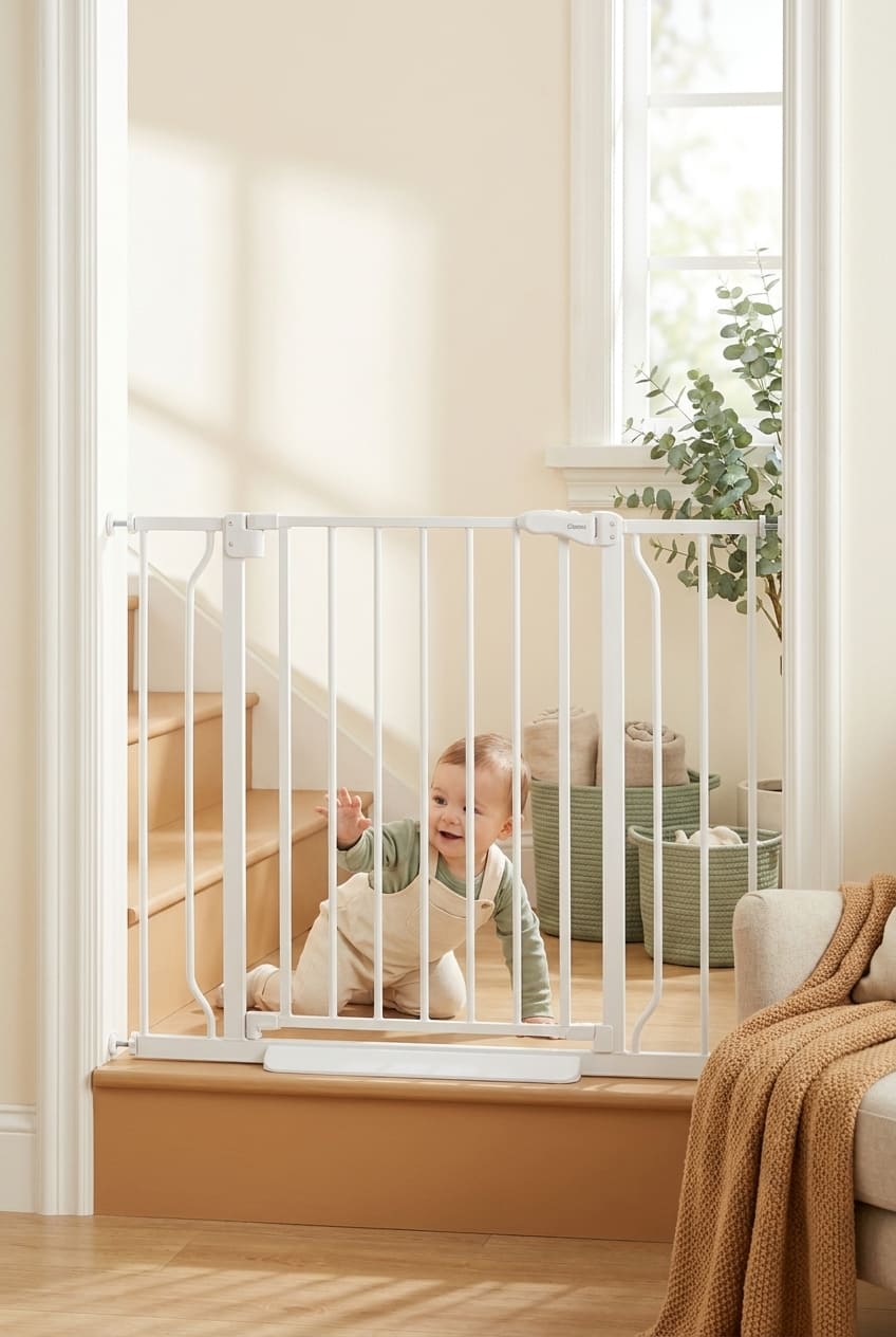 Baby Gate No Drilling, 29"-40" Auto Close Dog Gate Indoor for Doorways & Stairs, Pressure Mounted Adjustable Pet Gate, Easy Walk Through Child Gate for Children & Pets Stroller Friendly, White