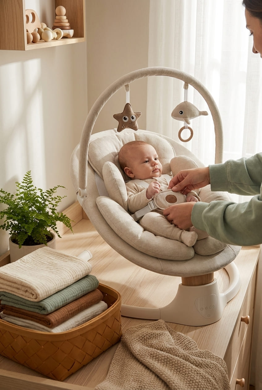 Baby Swings for Infants, FasonBaby Electric Baby Swing with 10 Preset Melodies, 5 Speeds, Remote Control and Bluetooth - Portable Infant Swing for Indoor and Outdoor(Beige)