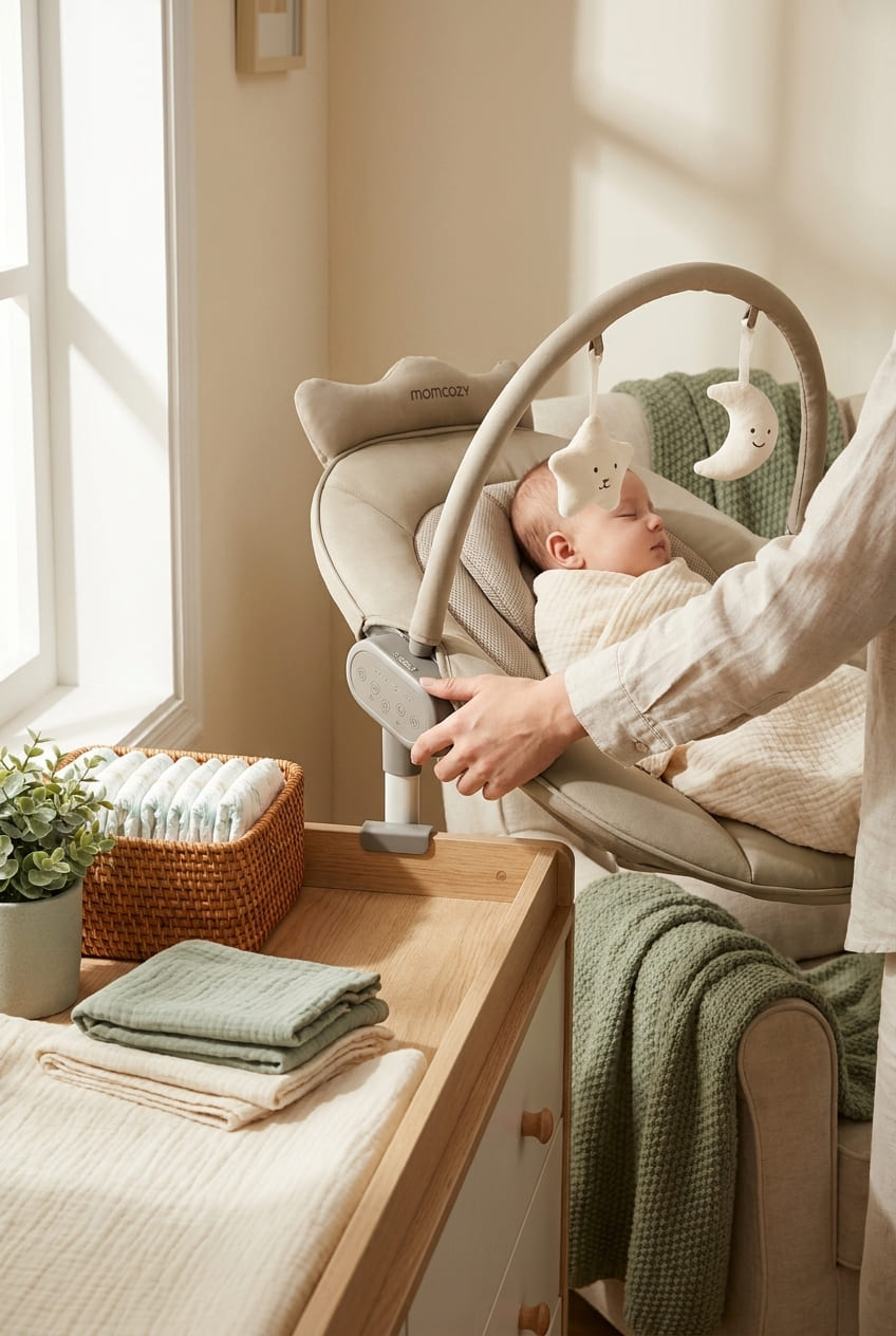 Momcozy 2-in-1 Electric Baby Swing, Dual-Arm Support System & Parent-Inspired Motions, Convertible to Toddler Seat up to 66 lbs, Adjustable Height, Lightweight, Khaki