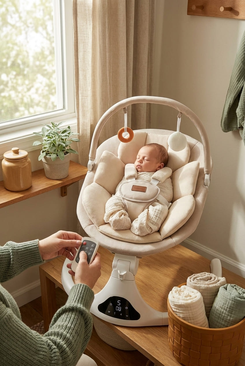 Baby Swing, Electric Infant Swing with Remote Control, 5 Speed Adjustable, Machine Washable Cushion, 5 Point Safety Harness, Bluetooth Music, Portable Baby Swing (Beige)
