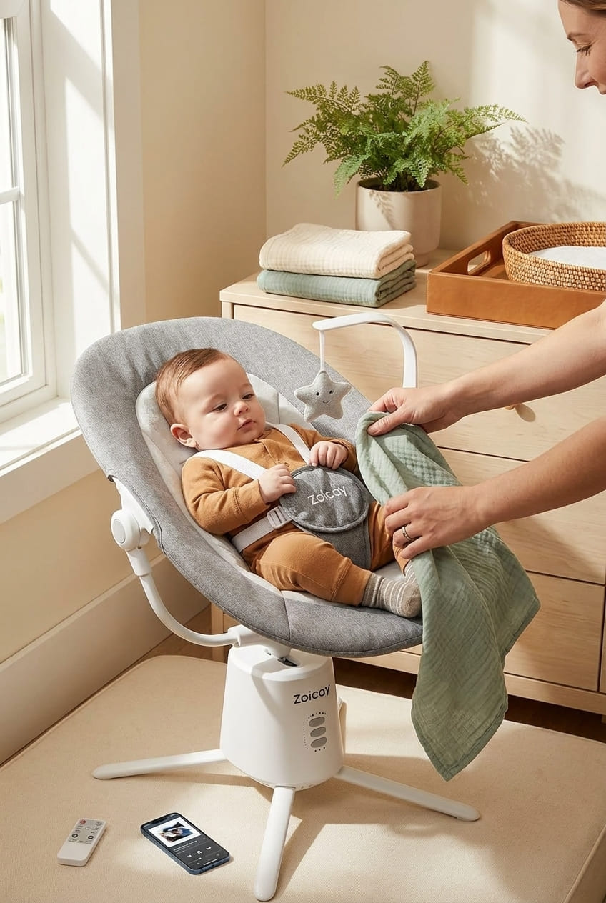 Zoicay Baby Swing,Baby Swings for Infants with 3 Modes & 5 Speeds, BT Enabled App & Remote Control, Electric Swing – 6 Lullabies and 3 Timer Setting, 2 Seat Positions and 5-Point Harness Swing (White)