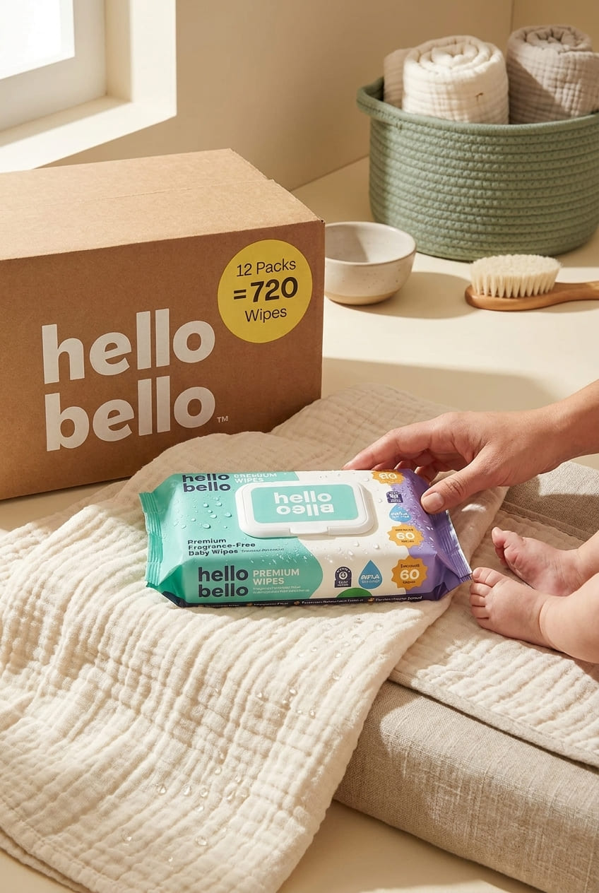 Hello Bello Premium Fragrance-Free Baby Wipes, with Chamomile & Aloe Extracts for Sensitive Skin - 12 Resealable Packs = 720 Total Wipes