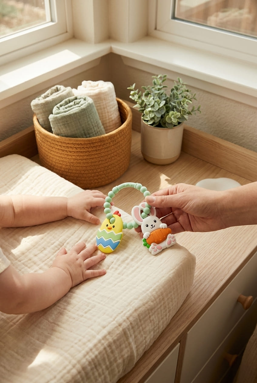 Easter Teething Ring for Baby, Bunny Carrot & Chick Egg Silicone Teether Bracelet, Sensory Chew Toys for Newborns & Infants 3–12 Months, Easter Basket Stuffers for Toddlers, Baby First Easter Gift